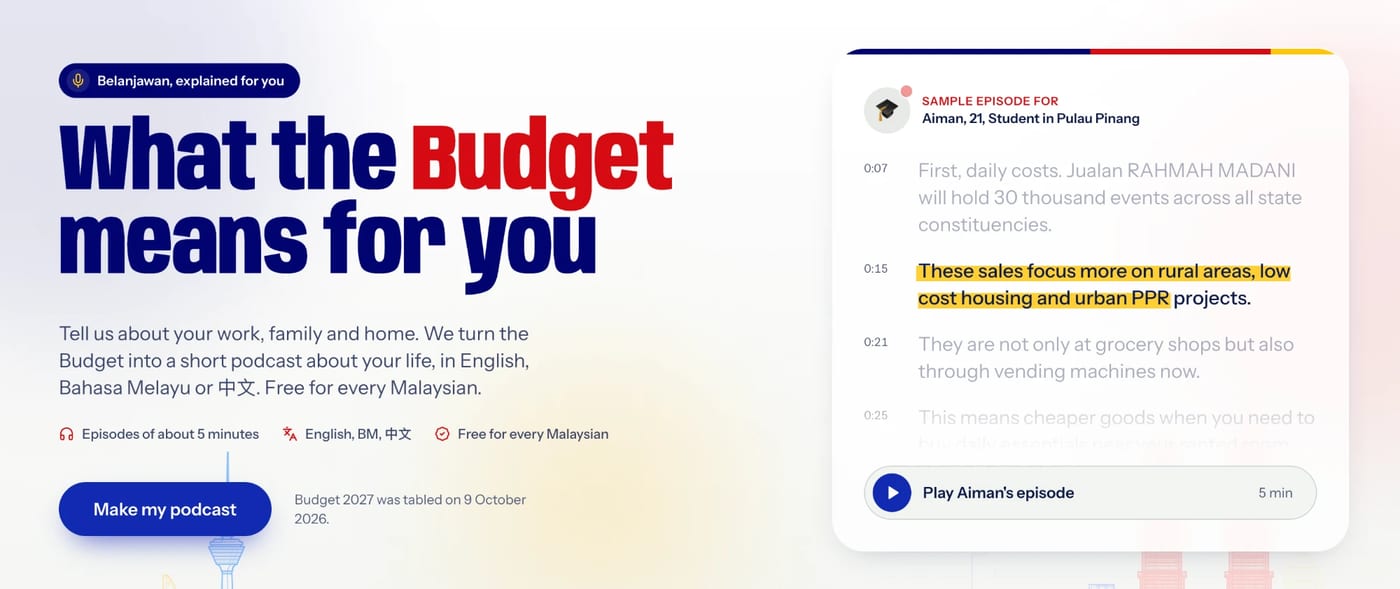 Cakap Ringgit home page: “What the Budget means for you”, with a sample episode for Aiman, a 21-year-old student in Pulau Pinang