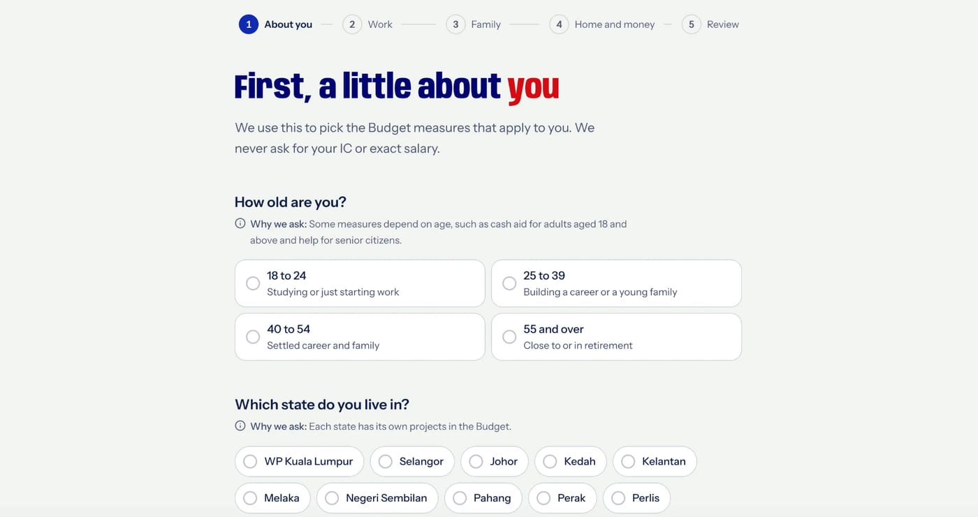 Cakap Ringgit's first personalisation step: choose an age group and a state, with a five-step progress bar