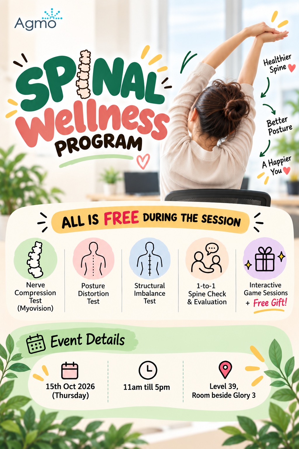 Agmo Spinal Wellness Programme poster showing a person stretching at a desk, a list of free tests and the event details