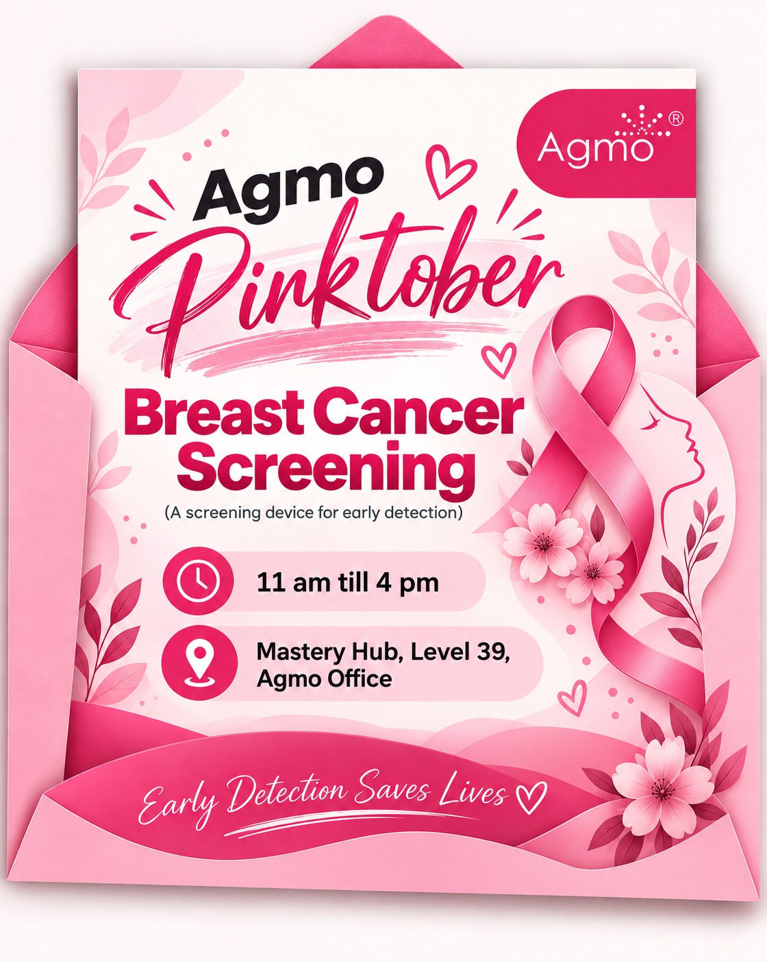 Pink Agmo Pinktober poster for a breast cancer screening, with a ribbon, the time and the venue