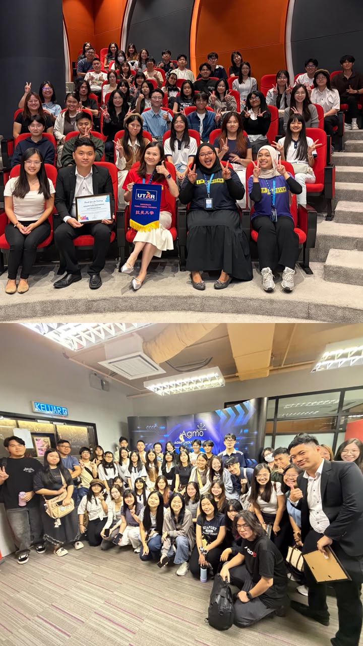 Two group photos: students and hosts in an auditorium with a UTAR banner, and a larger group posing in the Agmo office